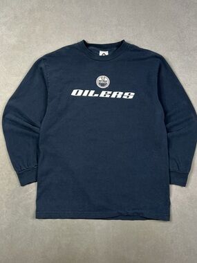Vintage Edmonton Oilers Long Sleeve Graphic Tee in Blue Size Medium NHL